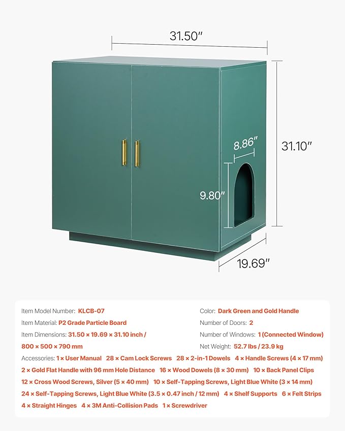 VEVOR Cat Litter Box Enclosure, 31.5 in Hidden Litter Box Cabinet, Wooden Indoor Cat Washroom with Ventilated Holes, Double-Door Kitty Pet House Furniture, End Side Table Fit Most Litterboxes