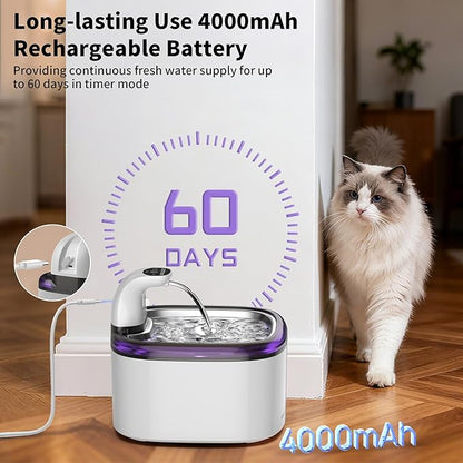 Cat Water Fountain Cordless 118oz/3.5L Wireless & Battery Operated Pet Water Fountain for Indoor Cats, Stainless Steel Tray with Sensor & Timer Modes, Ultra-Quiet, BPA-Free & Easy-to-Clean