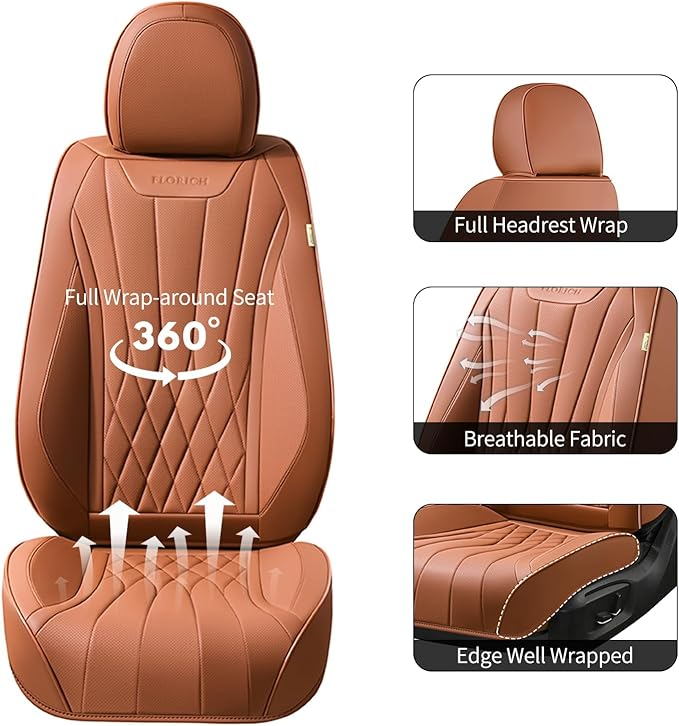 FLORICH Full Set Car Seat Covers, Automotive Seat Covers for Trucks, SUV, Sedans, Waterproof Nappa Leather Seat Protector Car Accessories for Most Cars - Brown
