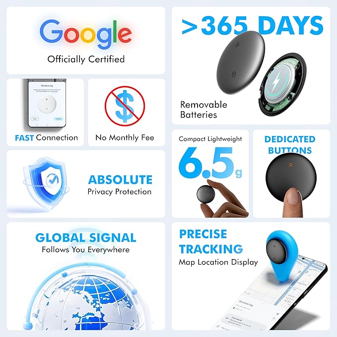 Bluetooth Tracker 4-Pack for Android & Samsung with Case, Smart Tag Item Finder for Keys Wallet Luggage, IP66 Waterproof, 365-Day Battery, Works with Google Find Hub (Black)