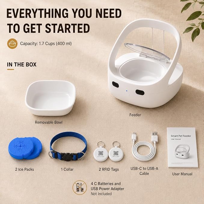 Smart Pet Feeder RFID Bluetooth, Wet & Dry Food Compatible, 400ML Capacity | RFID Cat Feeder, Multi-Cat Feeding, Wet & Dry Food Bowl, Dual Ice Packs, Portion Control, Removable Bowl