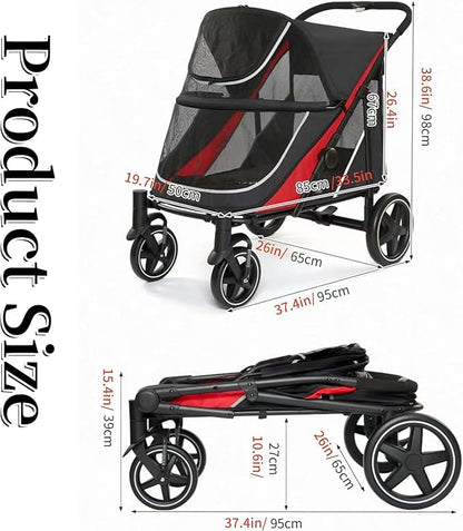 Large Dog Stroller-4 Wheel Pet Strollers for Medium Dogs or 2 Dogs- One-Click Foldable - Large Breathable Mesh & Sunroof - All Terrain Pet Stroller for Medium Senior Dog up to 88 lbs (Black-Red)