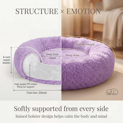 Calming Donut Dogs Beds for Small Dogs Washable,23inch Plush Round Pet Bed for Cozy Sleep,Fluffy Faux Fur Large Cat Bed,Fits up to 25 lbs Pets,Purple