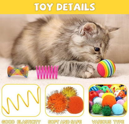 QUOZUO Kitten Toys, 60PCS Cat Balls Springs Toy Set, Cat Mouse Toy, Kitten Sparkle Crinkle Balls Furry Soft Pom Pom