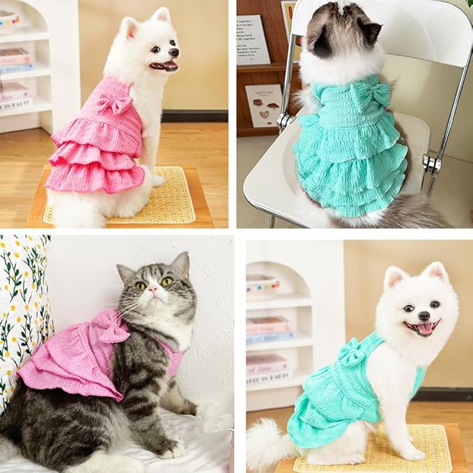 2 Pack Summer Dog Dresses with Bow Girl Puppy Clothes for Small Dog Spring Cat Outfit Sleeveless Pet Tiered Layered Cake Dress for Kitten Chihuahua Pomeranian Yorkie (Pink Blue, Medium)