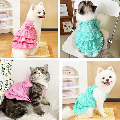 2 Pack Summer Dog Dresses with Bow Girl Puppy Clothes for Small Dog Spring Cat Outfit Sleeveless Pet Tiered Layered Cake Dress for Kitten Chihuahua Pomeranian Yorkie (Pink Blue, Medium)