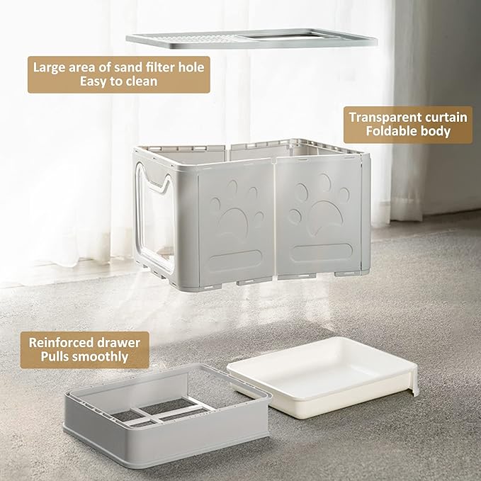 Panghuhu88 Foldable Cat Litter Box with Lid, Large Top Entry Toilet, Enclosed Potty Include Litter Scoop, Drawer Type Easy Clean Litter Pan (Grey, 20" L x 16" W x 15" H)