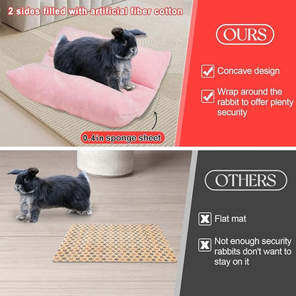 MEWTOGO 14" x 13" Bunny Bed for Rabbit Cage - Thickened Soft Prevent Sore Hocks Plush Mat with Cotton Lounger Pillows, Small Animal Flop Mat for Hutch Sleeping Indoor, Pink