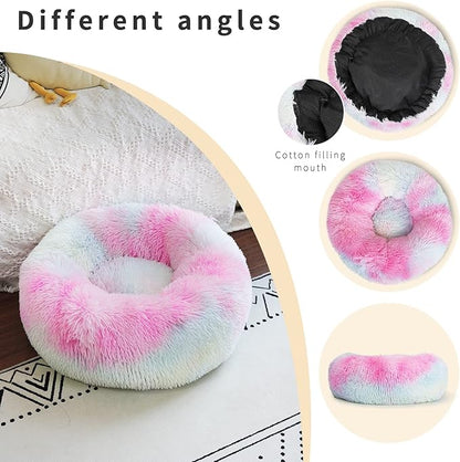 nononfish Calming Donut Beds for Small Dog Washable, 19 Inch Fluffy Round for Puppies, Cats & Toy Breeds with Raised Rim, Fits up to 15 lbs Pets, Multi Colored