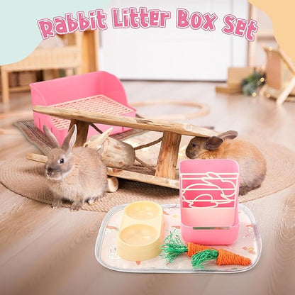 Honeydak 10 Pcs Rabbit Starter Kit Small Litter Box Bunny Grooming Kit Scratch Pads Hay Feeder Bowl Ice Pad with Bunny Toys for Guinea Pig Rabbit Accessories(Pink)