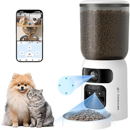 Automatic Cat Feeder with Two Camera: 5G WiFi Automatic Dog Feeder with Laser Pointer, 6L Automatic Cat Food Dispenser with Night Vision for Multiple Pet, Detachable for Easy Clean -24 Cup