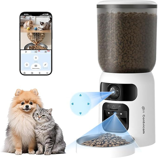 Automatic Cat Feeder with Two Camera: 5G WiFi Automatic Dog Feeder with Laser Pointer, 6L Automatic Cat Food Dispenser with Night Vision for Multiple Pet, Detachable for Easy Clean -24 Cup
