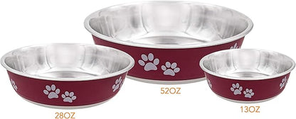 Fuzzy Puppy Food Bowl & Water Bowl for Dogs & Cats | Designer Series: Paw Print Detail, Stainless Steel & Maroon, 28 oz (FPP-Maroon M)