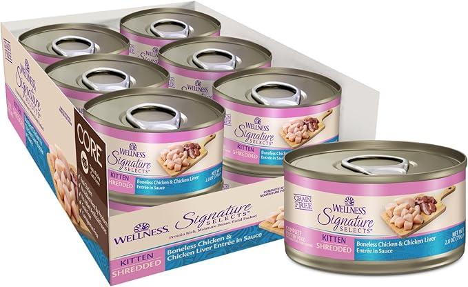 Wellness CORE Signature Selects Shredded Kitten Canned Wet Cat Food, Natural, Protein Rich, Grain Free, Chicken Entrée Recipe, 5.3 oz, Pack of 12 Cans