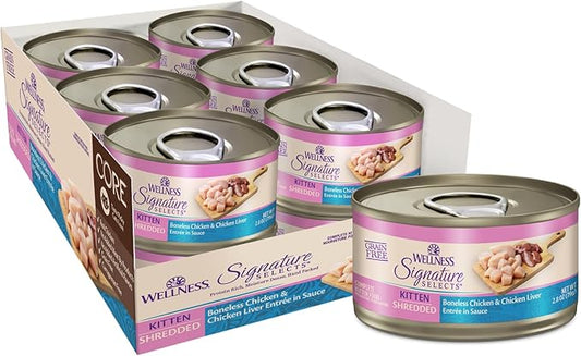 Wellness CORE Signature Selects Shredded Kitten Canned Wet Cat Food, Natural, Protein Rich, Grain Free, Chicken Entrée Recipe, 5.3 oz, Pack of 12 Cans