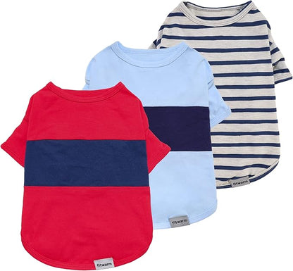 Fitwarm 3 Pack Color Block Striped Dog Shirt, Summer Dog Clothes for Small Dogs, Breathable Lightweight Pet Tshirt with Sleeves, Cat Outfit, Red, Blue, Grey