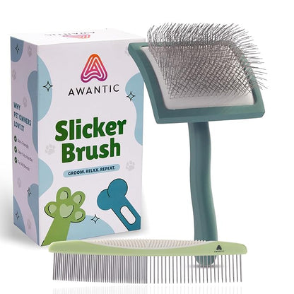 Self- Cleaning Slicker Brush for Dogs Suitable for Short & Long Haired Dogs and Effective Deshedding for Pet Grooming, Undercoat Removal, Tangle-Free Fur (Green Brush + Comb)