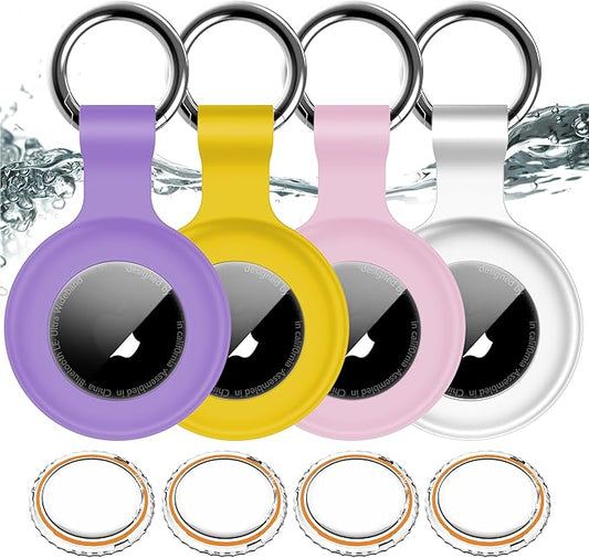 1|2|4Pack for Apple AirTag Holder,for Air Tag 2nd &1st Genaretion,Waterproof GPS Tracker Air Tag Keychain with Cover Anti-Scratch Silicone for Air-Tag Case for Pets,Luggages-White+Pink+Purple+Yellow
