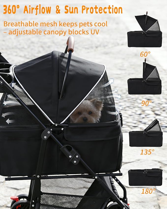 Pet Stroller with Removable Carrier, 35lbs Capacity - One-Click Foldable Dog Stroller, Cat Carrier & All-Terrain Wheels, Compact Travel Pet Stroller for Small to Medium Pets-Black
