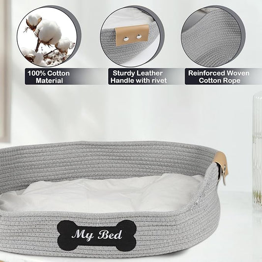 Cat Beds for Indoor Cats, 21.6''X15.7'' Cotton Rope Kitty Nap Bed with Soft Cushion, Handwoven Basket - Scratch Resistant