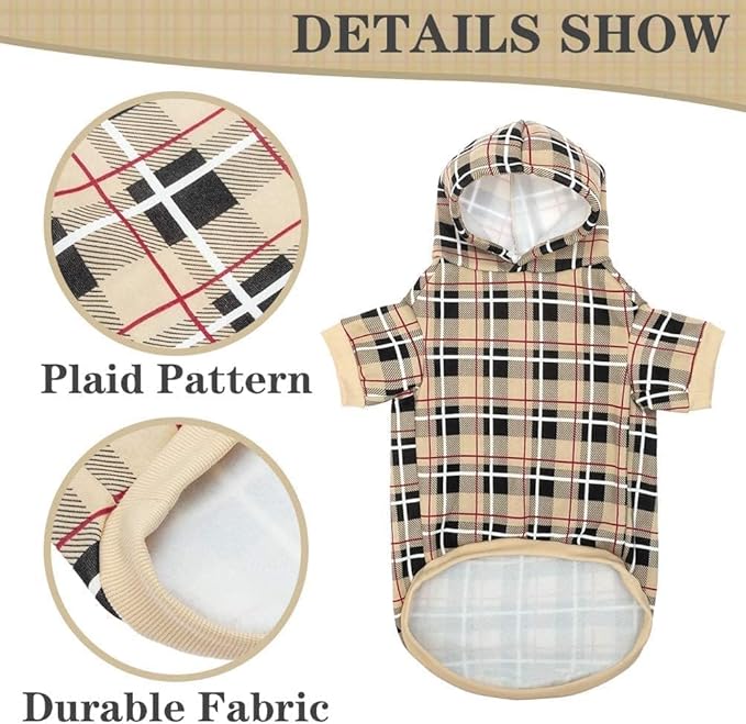 EXPAWLORER Plaid Dog Hoodie - British Style Warm Dog Sweater Shirt with Leash Hole,Pitbull Clothes Outfits,Winter Coat Apparel for All Breeds Puppy Girl Boy-Cat Apparel,Beige XX-Large