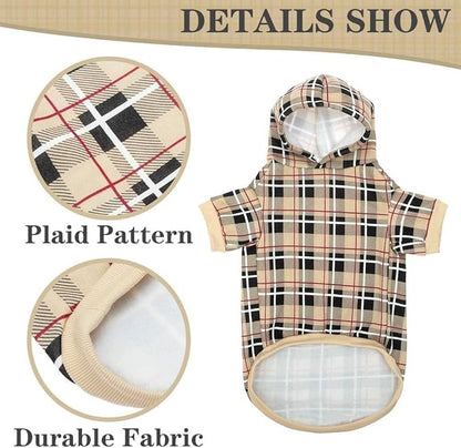 EXPAWLORER Plaid Dog Hoodie - British Style Warm Dog Sweater Shirt with Leash Hole,Pitbull Clothes Outfits,Winter Coat Apparel for All Breeds Puppy Girl Boy-Cat Apparel,Beige Large