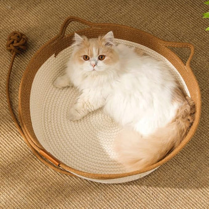 Handwoven Cotton Rope Cat Bed - Breathable & Easy to Clean, Foldable Scratchable Hammock with Cat Ear Design, with a Playing Ball for Kittens Brown