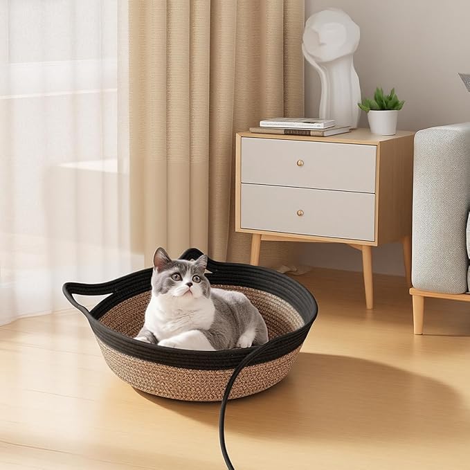 Cotton Rope Woven Cat Bed Basket, Hand Woven Cat Bed with Toy Tail, Small Dogs Sofa Bed, Pet Sleeping Bed Basket for Indoor Cats, Puppies, Rabbits (Large, Black & Brown)