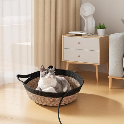 Cotton Rope Woven Cat Bed Basket, Hand Woven Cat Bed with Toy Tail, Small Dogs Sofa Bed, Pet Sleeping Bed Basket for Indoor Cats, Puppies, Rabbits (Large, Black & Brown)