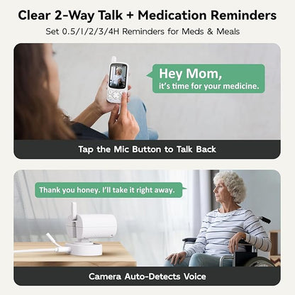 Elderly Monitor with Camera and Audio, 2-Way Talk Room Monitors for Elderly, Call Button, Med Reminder, Temp Monitoring, Night Vision, Pan-Tilt-Zoom Video Monitor for Elderly Care & Caregivers/No WiFi