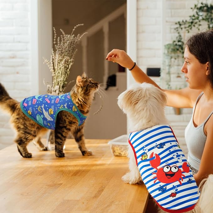 4-Pack Dog Ocean Style Shirts Puppy Summer Tank Tops Cute Ocean Animals Sailboat Pattern Outfits for for Small Dogs Boy Girl Dog Cooling Clothes for Small Medium Dogs S