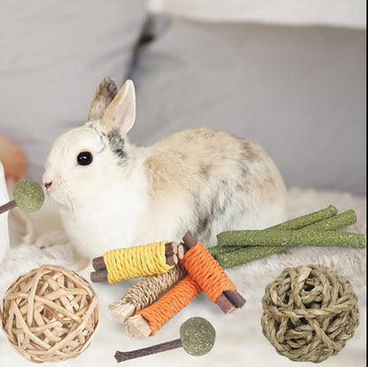 YIXUND Rabbit Toys Bunny Toys 26Pcs Natural Timothy Hay Sticks Apple Wood Sticks Handmade for Guinea Pig Hamster Rat Chinchilla