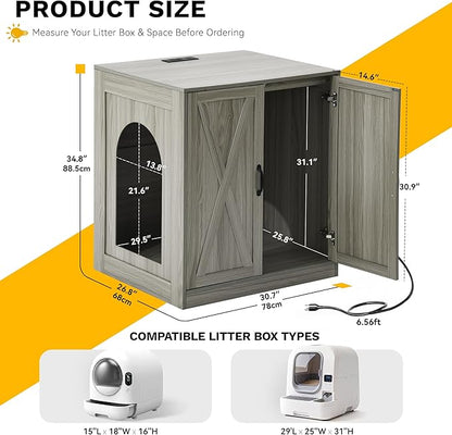 YITAHOME Large Hidden Litter Box Furniture with Power Outlets, Wooden Cat Litter Box Enclosure for Self-Cleaning Litter Boxes, Indoor Wooden Storage Cat Cabinet, Wash Grey