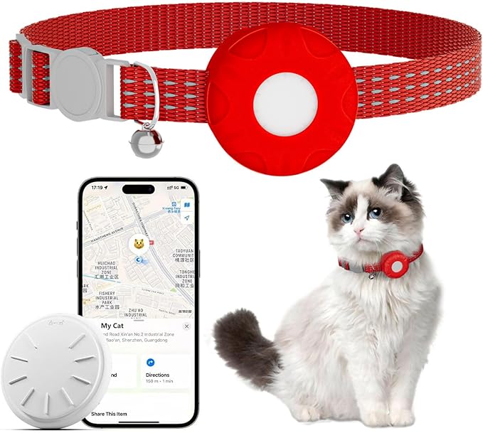 Cat Tracker,No Monthly Fee GPS Trackers for Cats Work with Apple Find My App(iOS Only),Real-Time Location Tracking,Cat Tracker GPS Collar with Safety Elastic Buckle-Red