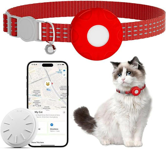 Cat Tracker Collar,No Monthly Fee Pet Tracker for Cats (Only iOS),Waterproof Tracker Cat Collars with Safety Elastic Buckle,Cat Tracker Compatible with Apple Find My App-Red