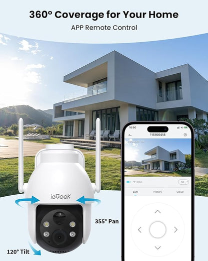 ieGeek Solar Security Cameras Wireless Outdoor, 2K WiFi Camera for Home Security System, Battery Powered Surveillance Cam with 360°PTZ Color Night Vision, PIR Motion Sensor, Works with Alexa (2 Pack)