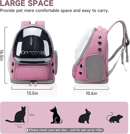 Cawypety Cat Backpack Carrier, Breathable Cat Carrier Large Space Bubble Pet Backpack for Kitty Small Dog up to 12lbs, Transparent & Foldable Pet Carrier for Travel Hiking（Pink）