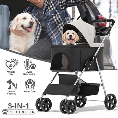 MoNiBloom 3 in 1 Foldable Pet Stroller for Small & Medium Dogs, Detachable Carrier, Car Seat, Push Button Entry, 4-Wheel Jogger for Pets up to 33 lbs, Black