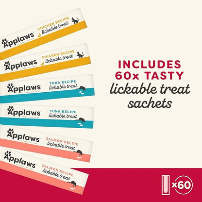 Applaws Lickable Holiday Cat Treats, Natural Grain-Free Purée, Made with Limited and Natural Ingredients, No Artificial Additives, Chicken, Tuna & Salmon Squeeze Up Cat Treats (60 x 0.5 oz Sachets)