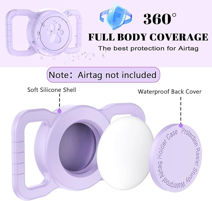 SANKALA Airtag Dog Collar Holder, Purple, 1 Pack | Silicone Full Body Covered, Anti-Lost Protective, Fits All Width Collars, for Apple AirTag(Gen 1 & 2), Signal Friendly