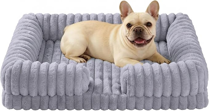 Waterproof Dog Bed for Small and Medium Dogs, Orthopedic Support with Removable Washable Cover, Egg Crate Foam & Stripe Faux Rabbit Fur, 32x20x3 Inches, Gray