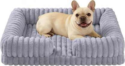 Waterproof Dog Bed for Small and Medium Dogs, Orthopedic Support with Removable Washable Cover, Egg Crate Foam & Stripe Faux Rabbit Fur, 32x20x3 Inches, Gray