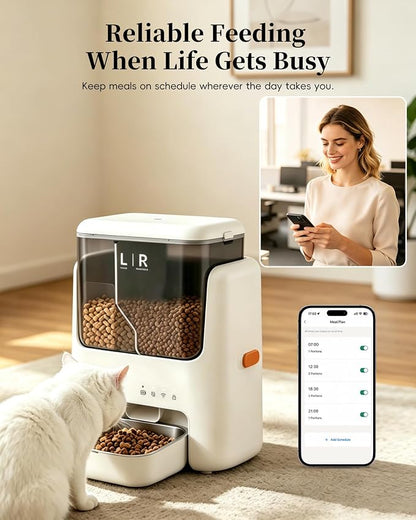 Automatic Cat Feeder, Dual Hopper for Meals & Treats, App Control | Two dry food choices, app feeding plans, 5L capacity, removable bowl, and backup power option for indoor feeding.