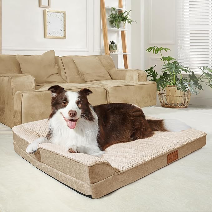 Orthopedic XL Dog Bed Large Sized Dog 48''X30'', Waterproof L Bolster Extra Large Egg Crate Foam Pet Crate Beds with Washable Removable Cover, Non-Slip Soft Pet Couch Mat, Ivory