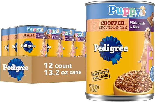 Pedigree Puppy Chopped Ground Dinner Wet Puppy Food with Lamb & Rice, Canned Dog Food, 13.2 oz. Cans, 12 Count