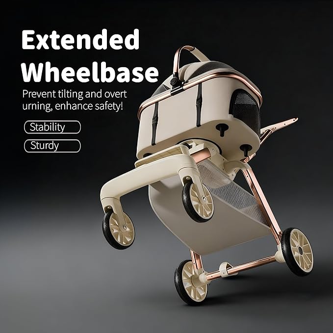 All-Terrain Pet Stroller for Small Medium Dogs & Cats, 20 lbs Capacity - Portable Carrier with One-Touch Brake, Lightweight Foldable Design & Shock Absorption Wheels,Khaki