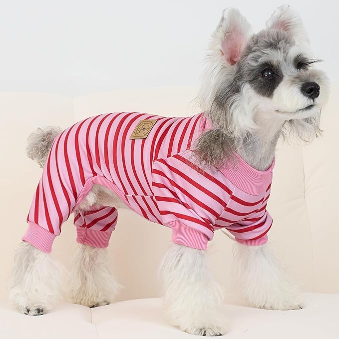 XPUDAC 4 Pack Dog Pajamas Striped Dog Clothes for Small Medium Dogs Girl Boy Comfy Puppy Outfit Doggy Jammies Onesie Pet Costume, Purple, Pink, Orange, XL