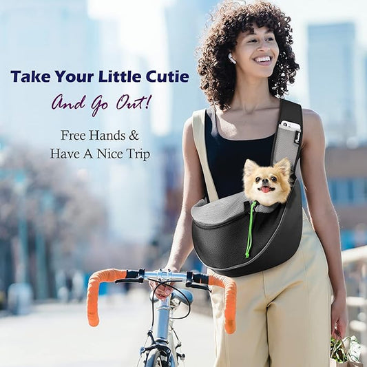 Pawaboo Hand Free Dog Sling Carrier, Breathable Mesh Bag for Pet Puppy Cat, Drawstring Dog Papoose with Adjustable Strap and Pocket, Crossbody Dogs Purse for Travel Outdoor, M, Black