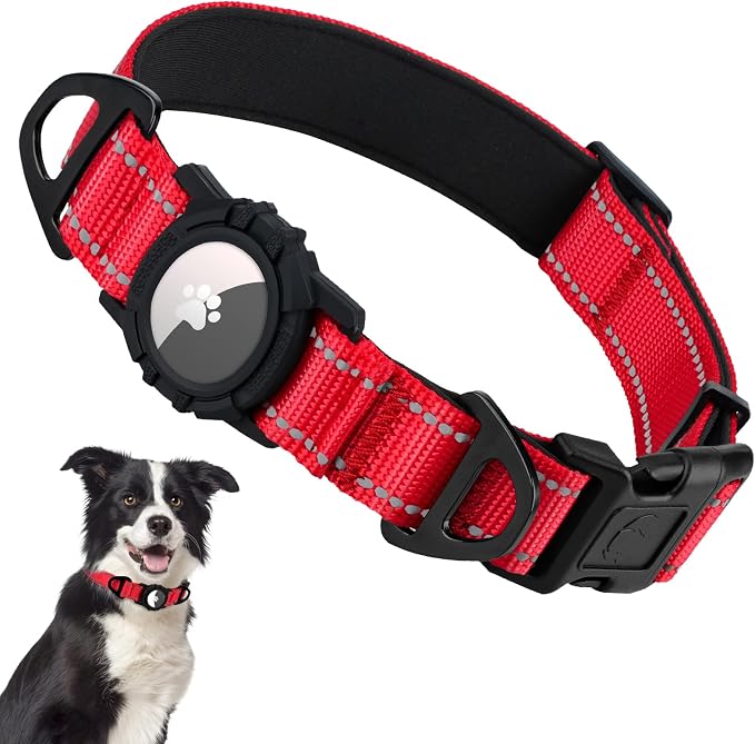 Taglory AirTag Dog Collar with Waterproof Holder for Medium Dogs, Red, M | Reflective for Night Walks & Low-Light Safety, Track Your Pup Peace of Mind, Adjustable Soft Padded, No More Dangling Tags