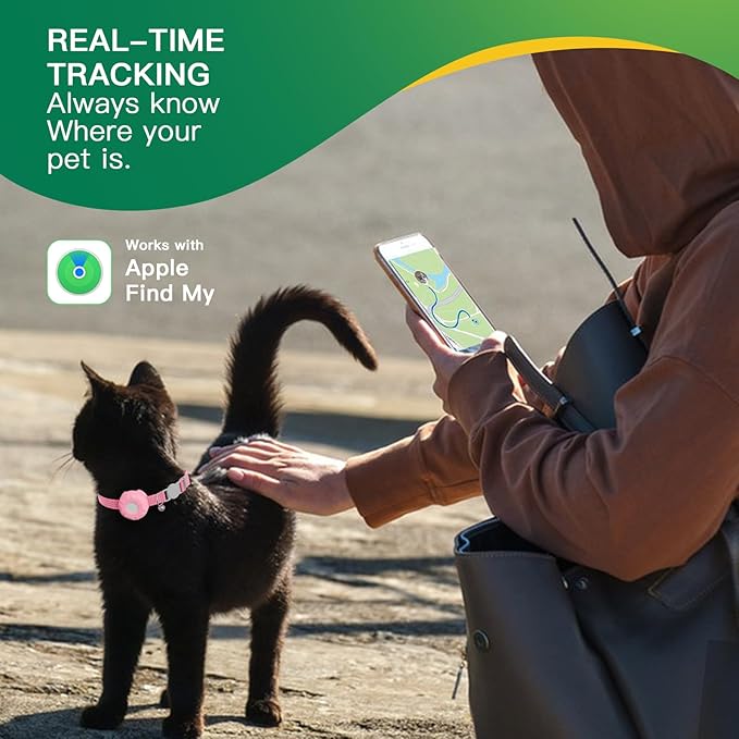 Cat Tracker,No Monthly Fee GPS Trackers for Cats Work with Apple Find My App(iOS Only),Real-Time Location Tracking,Cat Tracker GPS Collar with Safety Elastic Buckle-Pink